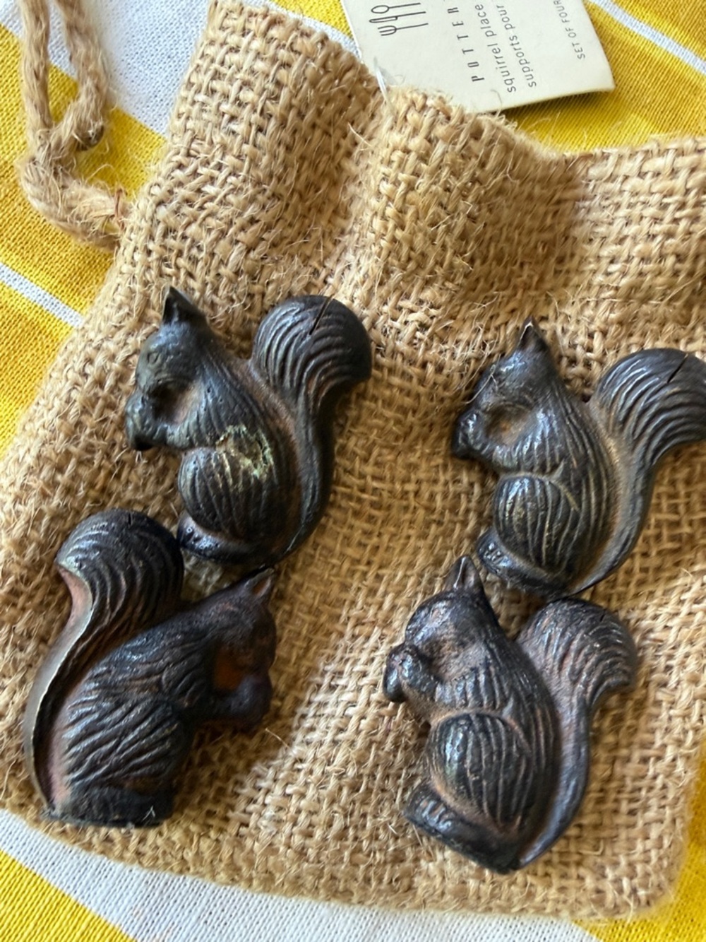 Place Card Holders name Pottery Barn Squirrels Set of 4 cast iron and burlap bag - Picture 8 of 8